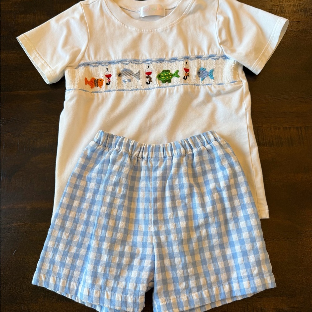 Children's Blue & White Fish Smocked Matching Set
